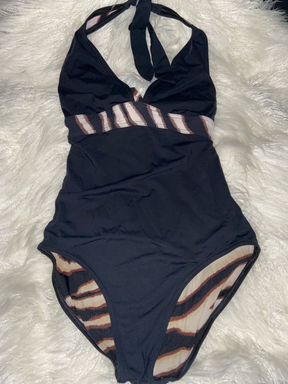 Michael Kors Black One-Piece Swimsuit with Brown and Cream Stripe Accents